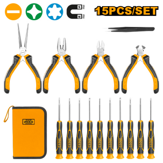15 Pcs Pliers & Precision Screwdriver Set with Fabric Bag – INGCO HKTTS0151