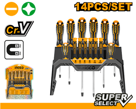 14 Pcs Industrial Rubber Handle Screwdriver Set with Stand – INGCO HKSD1428