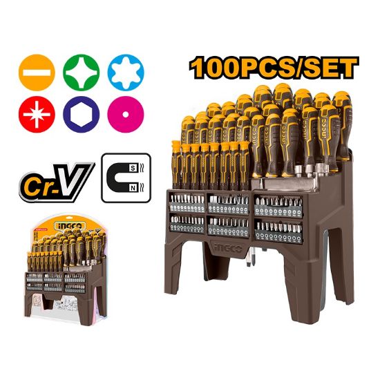 100 Pcs Industrial Rubber Handle Screwdriver Set with Stand – INGCO HKSD10028