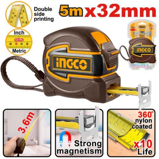 Rubber-Coated Measuring Tape – Double-Sided Marked with Magnetic Tip – INGCO HSMT80532M