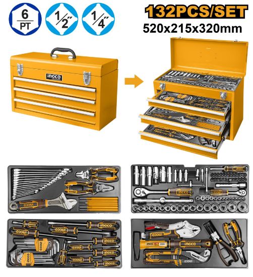 132-Piece Tool Set in Metal Case with 3 Drawers – INGCO HTCS221321