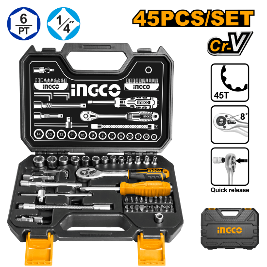 45 Pcs Socket Set with Ratchet in Plastic Case – INGCO HKTS14451