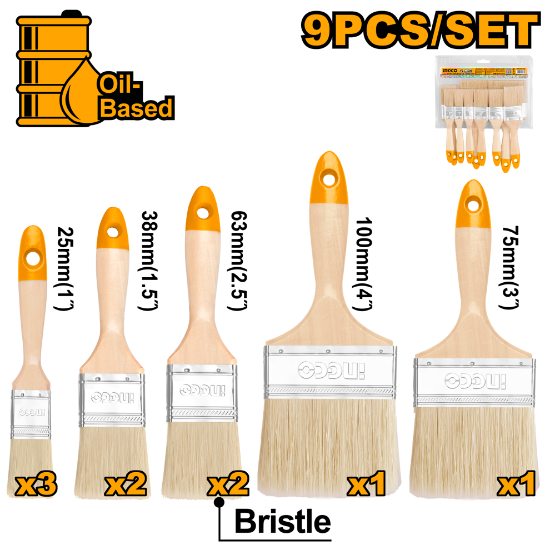INGCO CHPTB0114091 – 9 Pcs Paint Brush Set with Wooden Handles