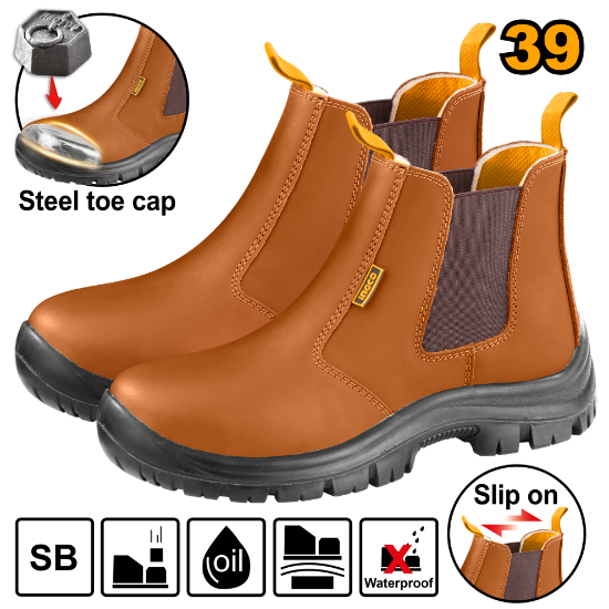 INGCO SSH08SB.39 – Brown Leather High-Cut Safety Shoes with Steel Toe Protection