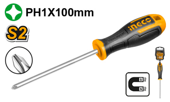 INGCO HS68PH1100 – PH1 S2 Pozidriv Screwdriver with Rubber Handle