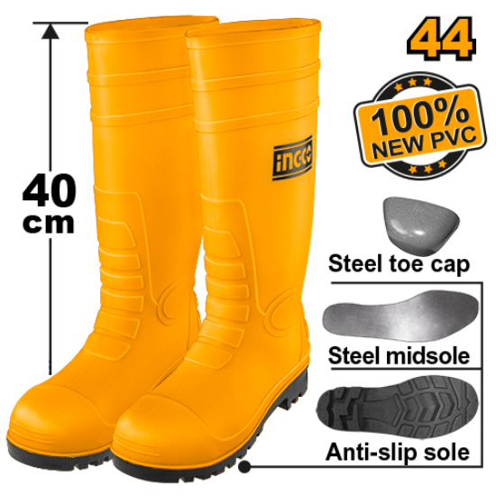 INGCO SSH092S1P.44 – Black Rubber Safety Boots with Steel Toe Protection