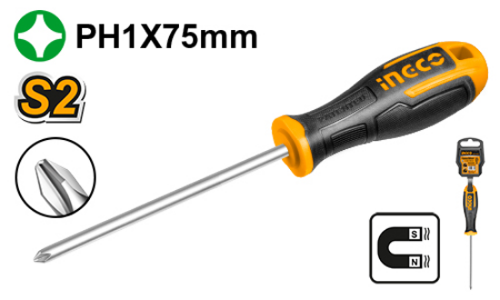 INGCO HS68PH1075 – PH1 S2 Pozidriv Screwdriver with Rubber Handle