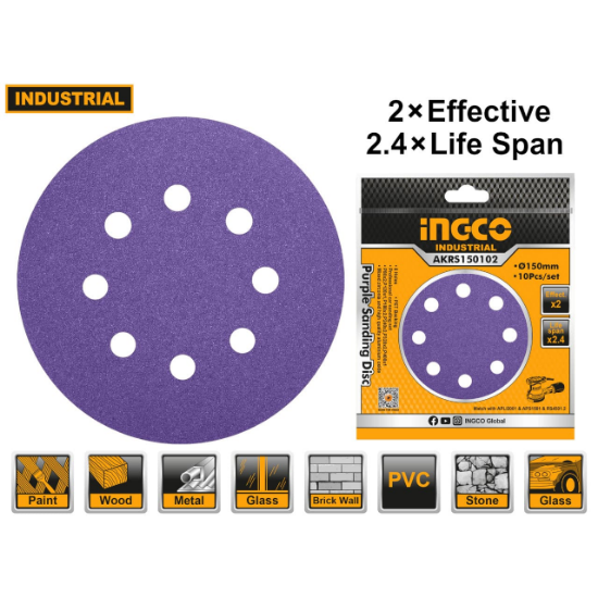 INGCO AKRS150102 10PCS 150mm Sanding Disc Set
