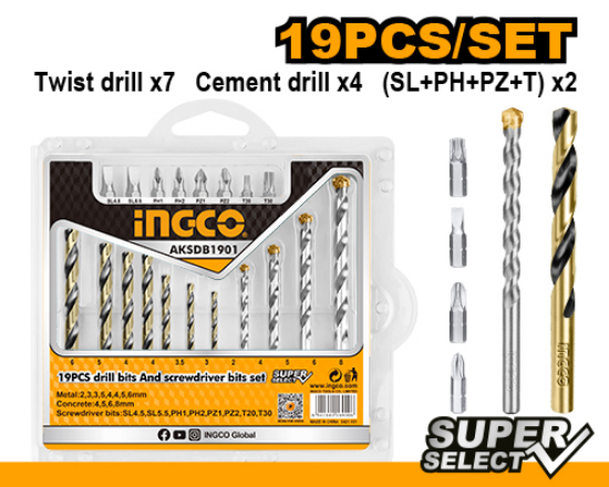 INGCO AKSDB1901 19PCS Concrete & Metal Bits with Screwdriver Bits Set