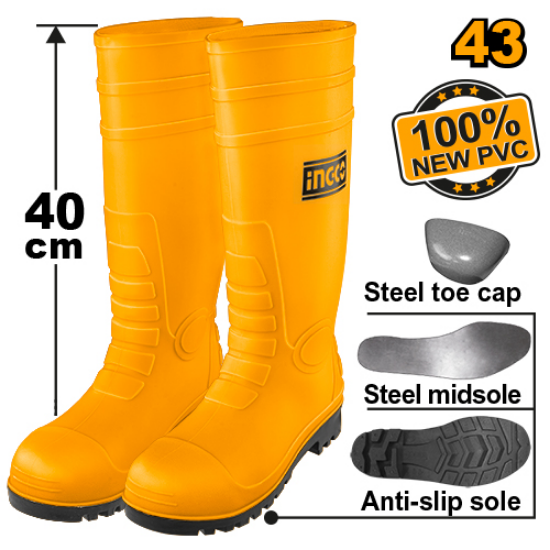 INGCO SSH092S1P.43 – Black Rubber Safety Boots with Steel Toe Protection