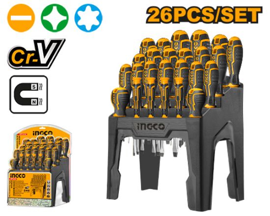26 Pcs Industrial Rubber Handle Screwdriver Set with Stand – INGCO HKSD2628