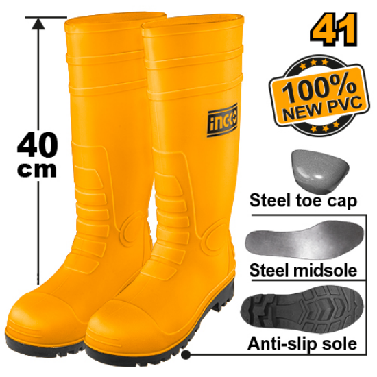 INGCO SSH092S1P.41 – Black Rubber Safety Boots with Steel Toe Protection
