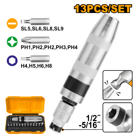 INGCO HIDS1301 – 13-Piece Automatic Impact Screwdriver Set