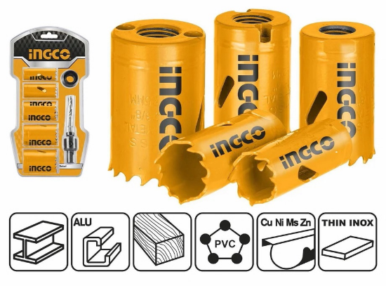 INGCO AKH0071 7PCS Hole Saw Set for Wood & Metal with Handle
