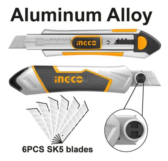 HKNS1808 – Aluminum Handle Utility Knife with 6 Spare Blades