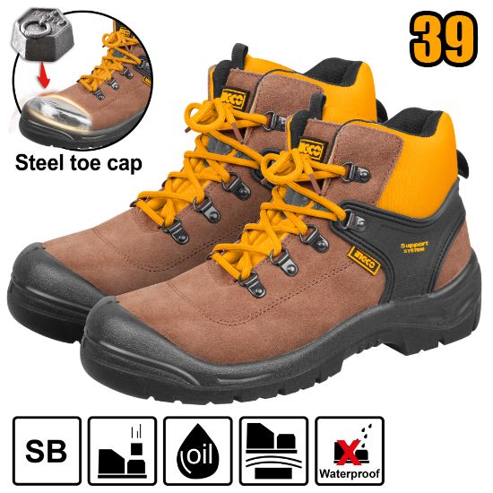 INGCO SSH12SB.39 – Industrial Leather Work Boots with Support System and Toe Protection