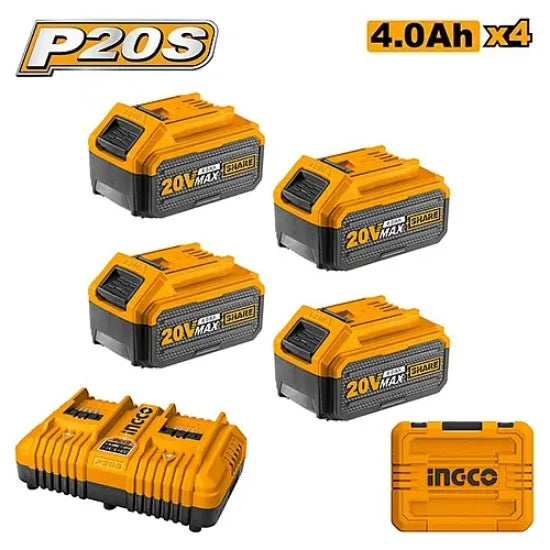 INGCO FBCLI20244 – 20V 4-Battery Combo Kit with Charger & Bag