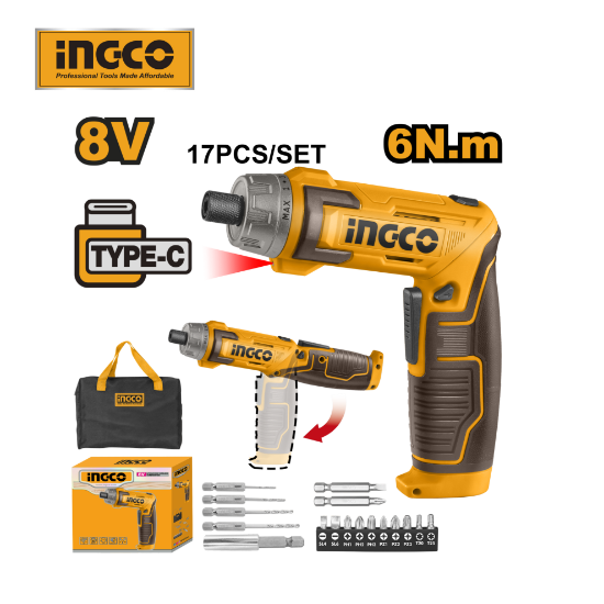8V Cordless Screwdriver with Rotating Handle (17 Pcs, Type-C) – CSDLI0802