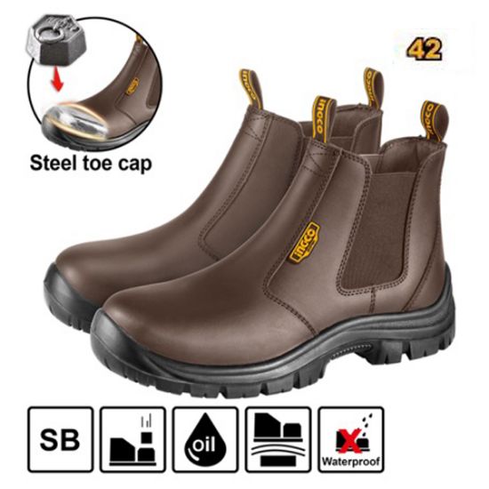 INGCO SSH08SB.42 – Brown Leather High-Cut Safety Shoes with Steel Toe Protection