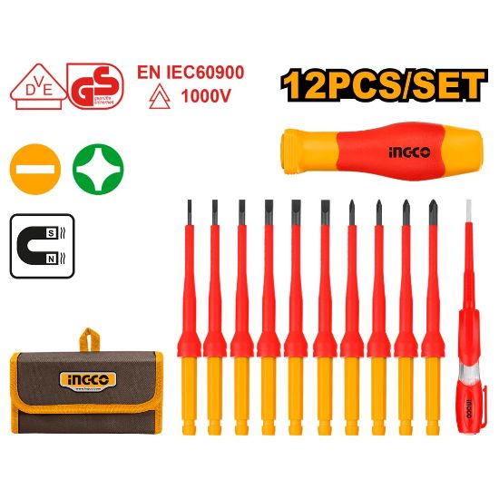 INGCO HKISD1201 – 12 Pcs 1000V Insulated Slotted & Phillips Screwdriver Set with Interchange Handlesable
