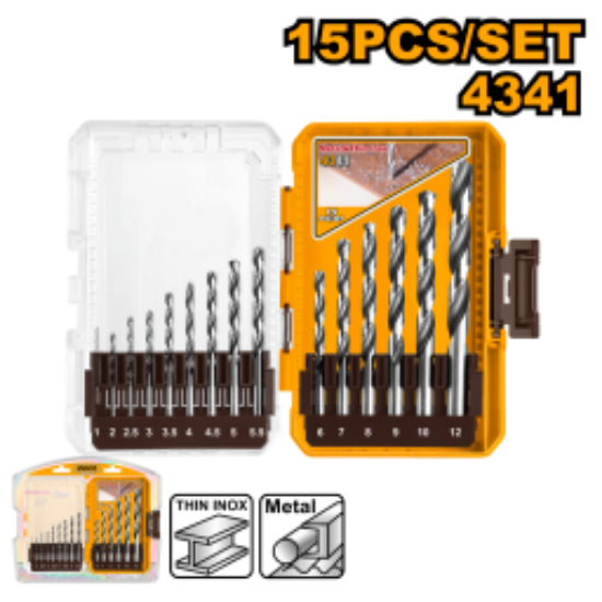 INGCO AKDL51506 15PCS 4341 HSS Industrial Metal Drill Bit Set