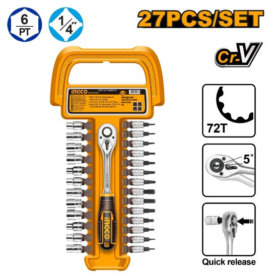 27 Pcs Socket & Bit Set with Ratchet Wrench – INGCO HKTS14271