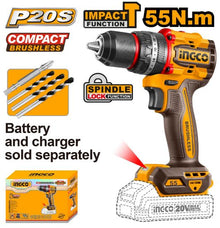 INGCO CIDLI205581 – 20V 13mm BL 55N.m Industrial Cordless Drill/Driver