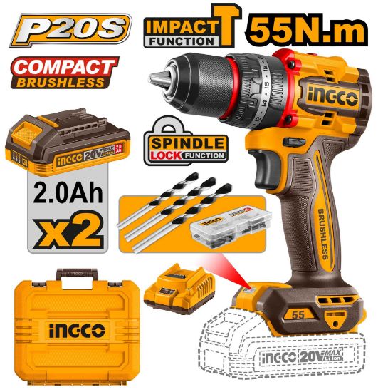 INGCO CIDLI20558 – 20V 13mm BL 55N.m Industrial Cordless Drill/Driver