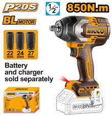 INGCO CIWLI20851 – 20V 1/2" BL Cordless Impact Wrench 850N.m + 3 Sockets