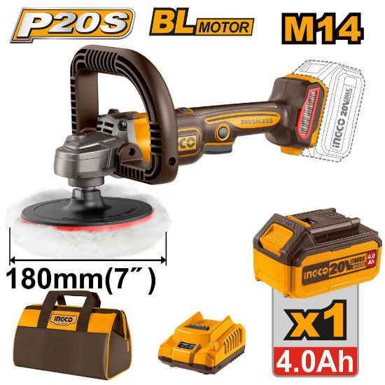 INGCO APLI20181 20V 180mm Brushless Cordless Polisher with 1x4Ah Battery + Bag