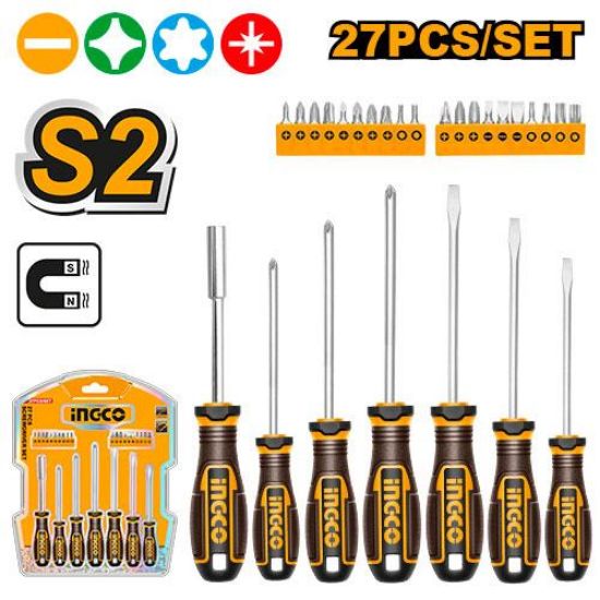 27 Pcs Industrial Rubber Handle Screwdriver Set with Interchangeable Heads – INGCO HKSDS2728