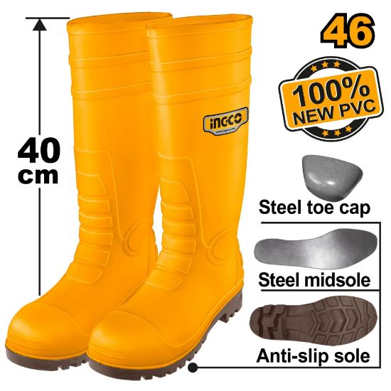 INGCO SSH092S1P.46 – Size 46 Black Rubber Safety Boots with Steel Toe Protection