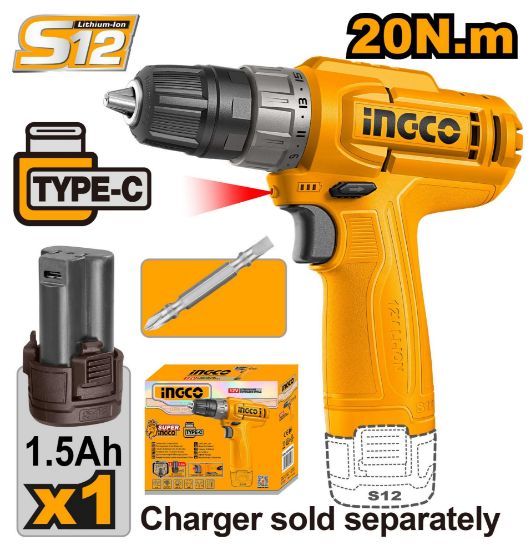 INGCO CDLI12456 – 12V Cordless Drill Driver with 1 Battery, Type-C Charging, 20N·m Torque