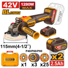 INGCO CAGLI4128112 – 42V Cordless Brushless Angle Grinder, with 2 Batteries, Charger & Box