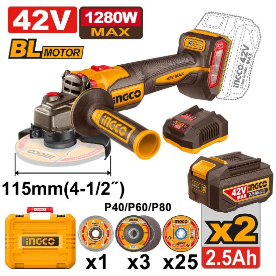INGCO CAGLI4128112 – 42V Cordless Brushless Angle Grinder, with 2 Batteries, Charger & Box