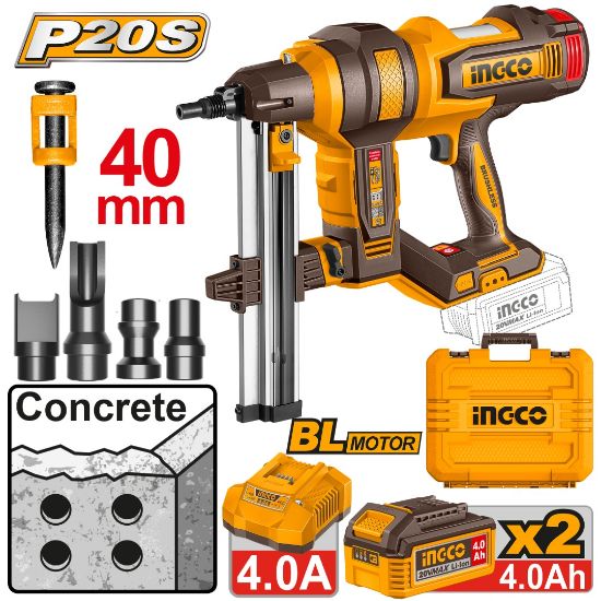 INGCO CCNLI9008 – 20V Cordless Concrete Nailer, 40mm, with 2 Batteries, Charger & Box