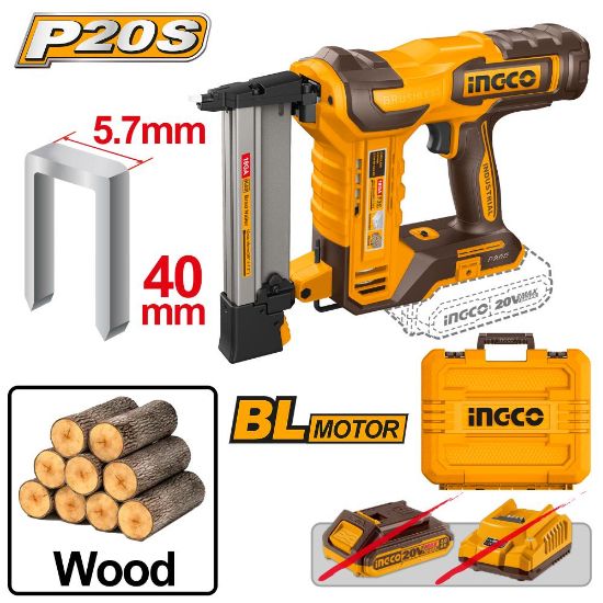 INGCO CCSNLI6005 – 20V Cordless Wood Nailer Combo Set with Battery and Box