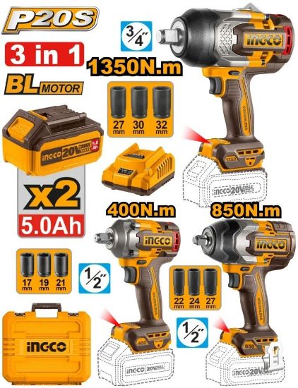 INGCO COSLI250386 – 20V Cordless Impact Wrench Combo Set, Batteries + Charger + Box