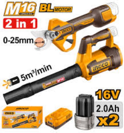 INGCO COSLI250385 – 16V Cordless Garden Shear & Blower Combo, Brushless Motor, Batteries + Charger + Box